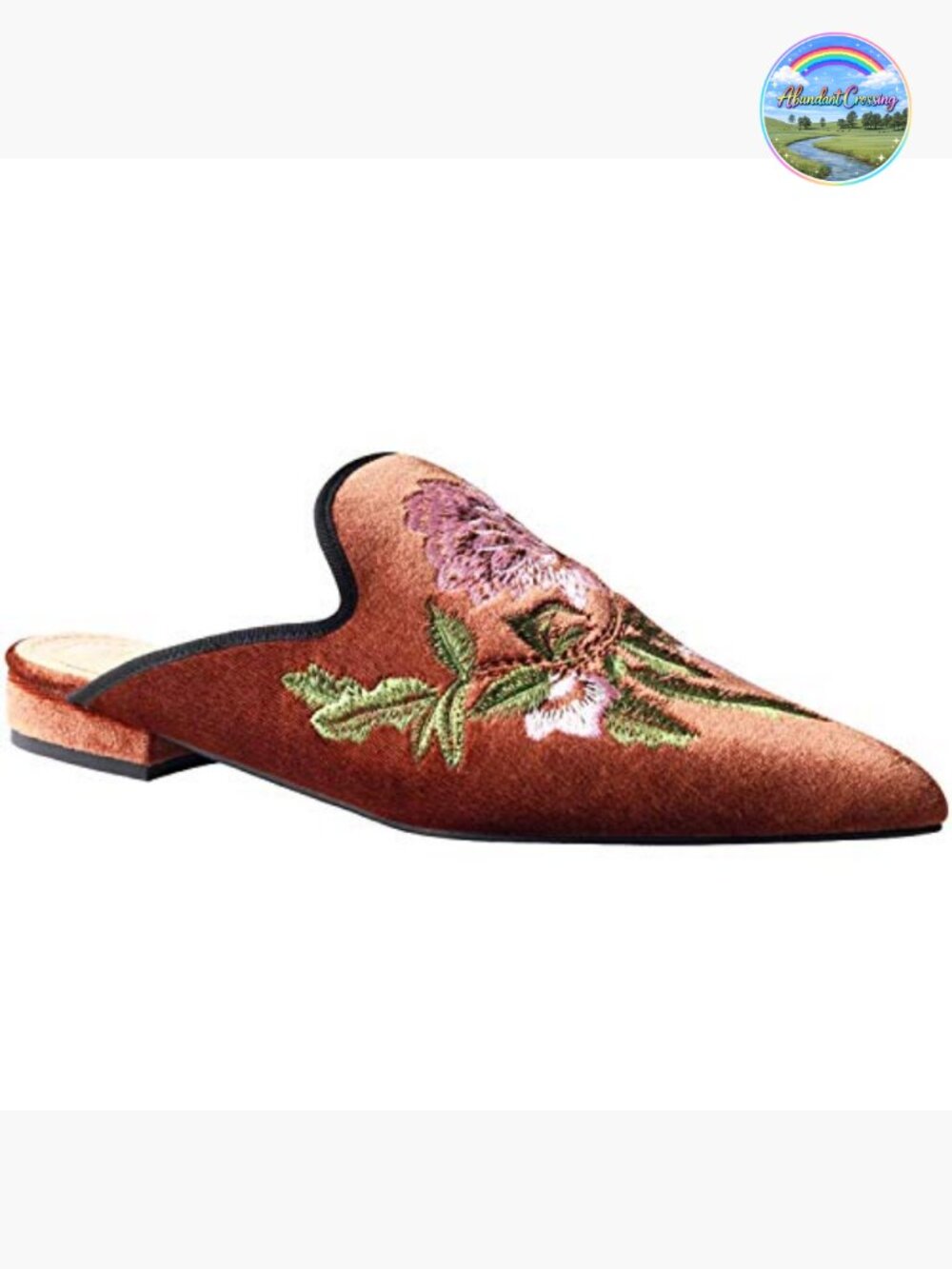 Velvet Backless Pointed Toe Slip On Loafers Flats Embroidery Mule Slippers - Picture 5 of 5